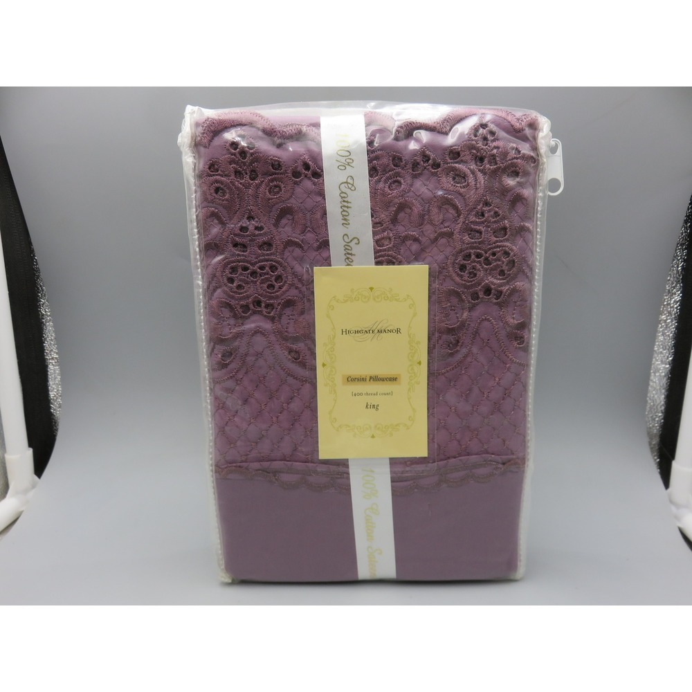 Highgate Manor Corsini King Pillowcase Set 400TC Cotton Sateen Purple Lace 2pc